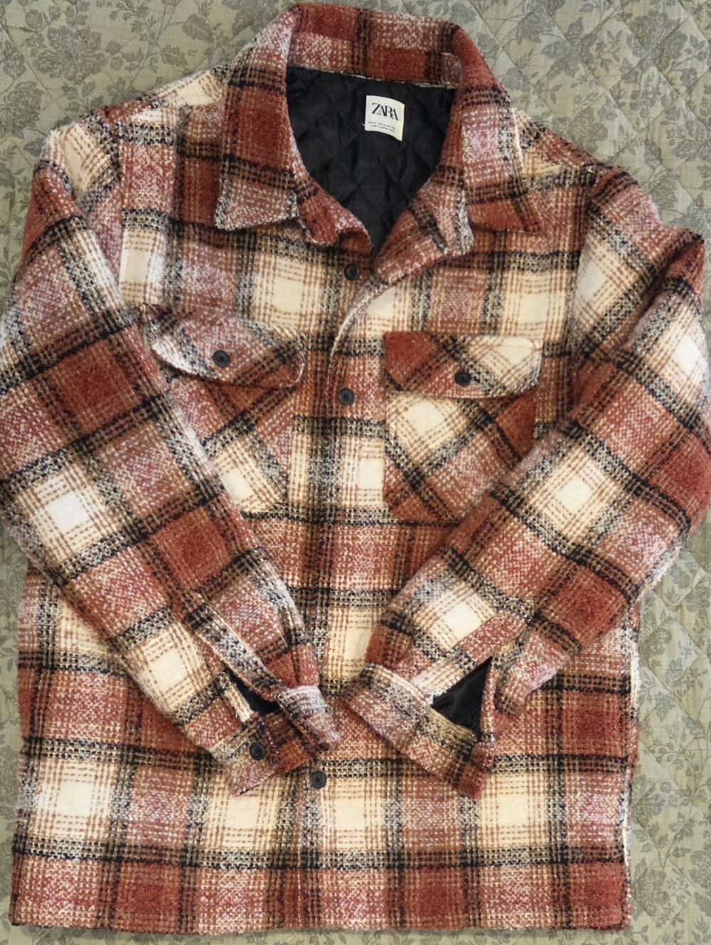 Zara Men's Medium Rust and Cream Plaid Lightweight Shacket